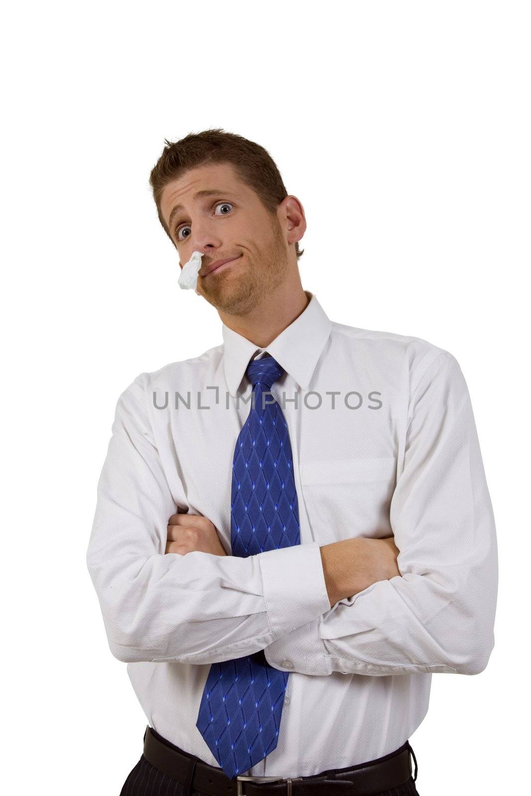 man giving a weird expression on white background