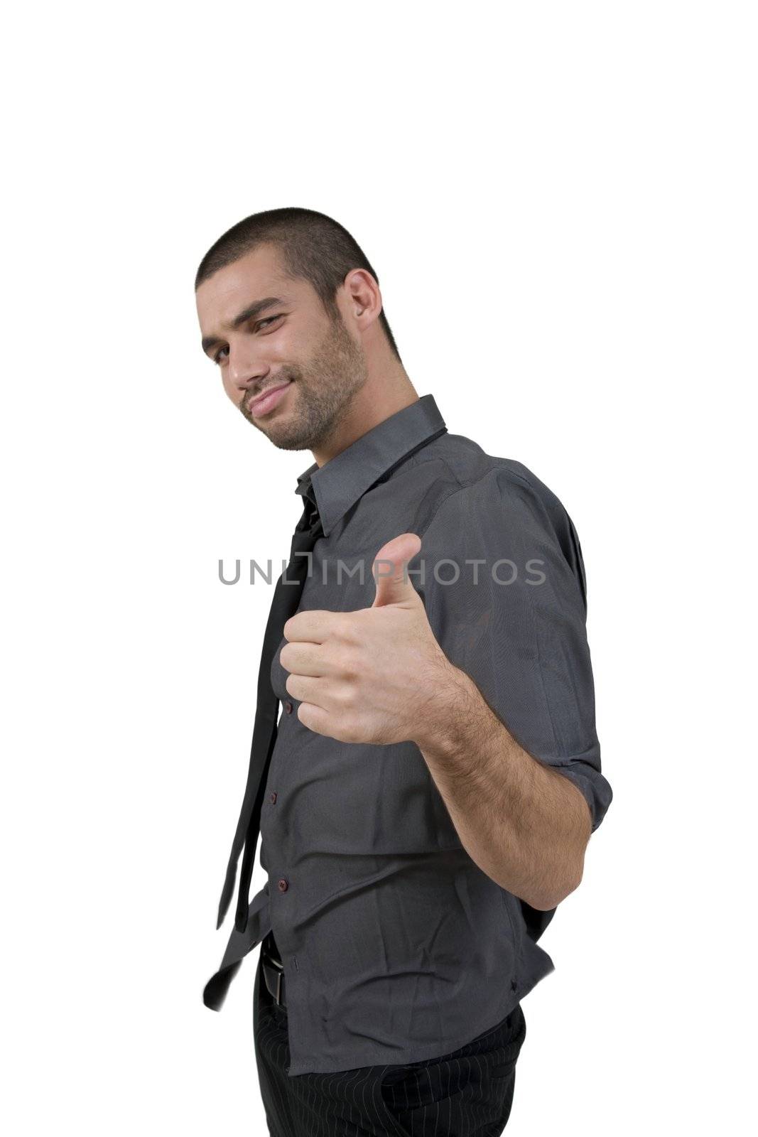 handsome young man with thumbs up on isolated background