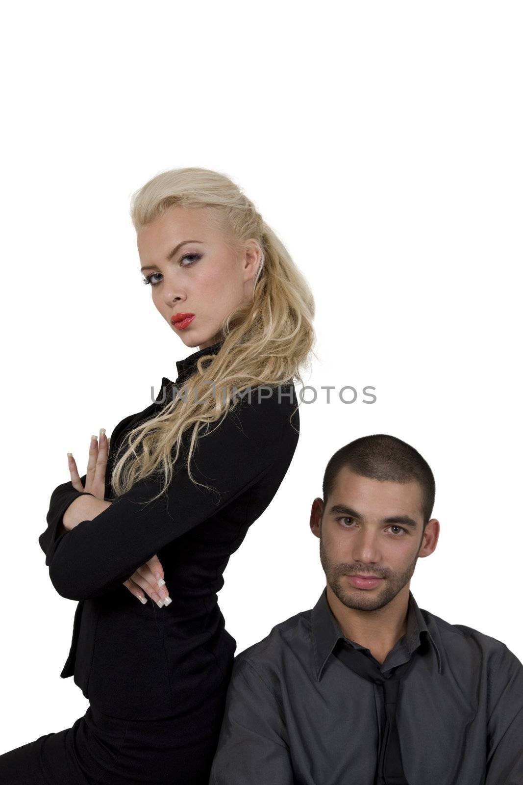 close up of young couple on white background