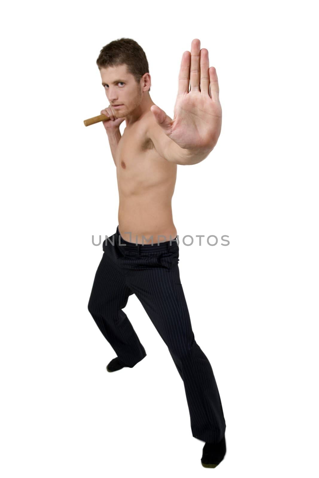 young person holding nunchaku warning to stop on white background