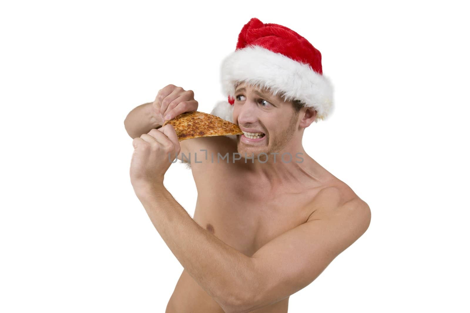 male wearing santa cap eating pizza on white background