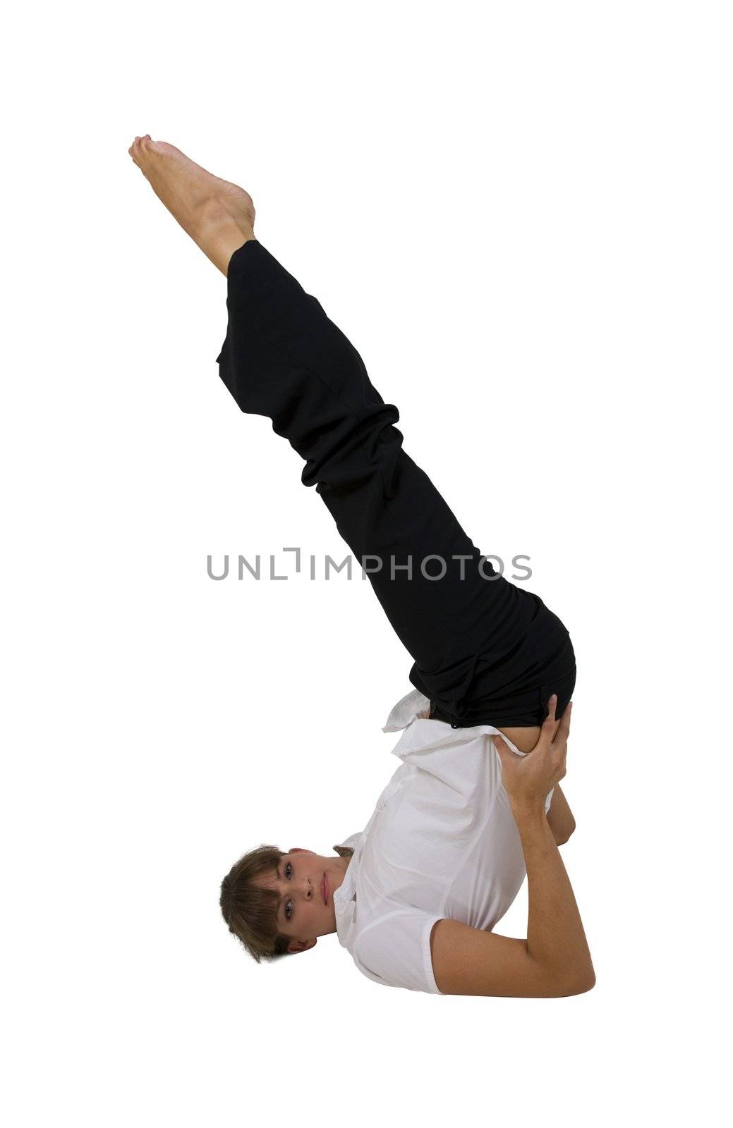 female exercising yoga on white background