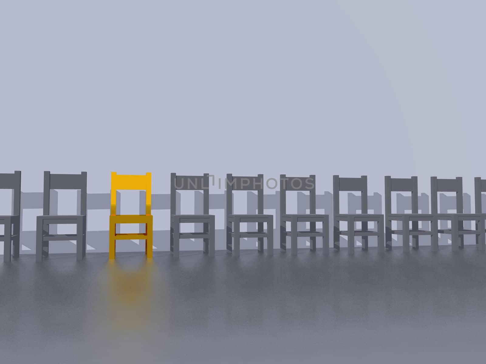 row of chairs, one in yellow - 3d illustration