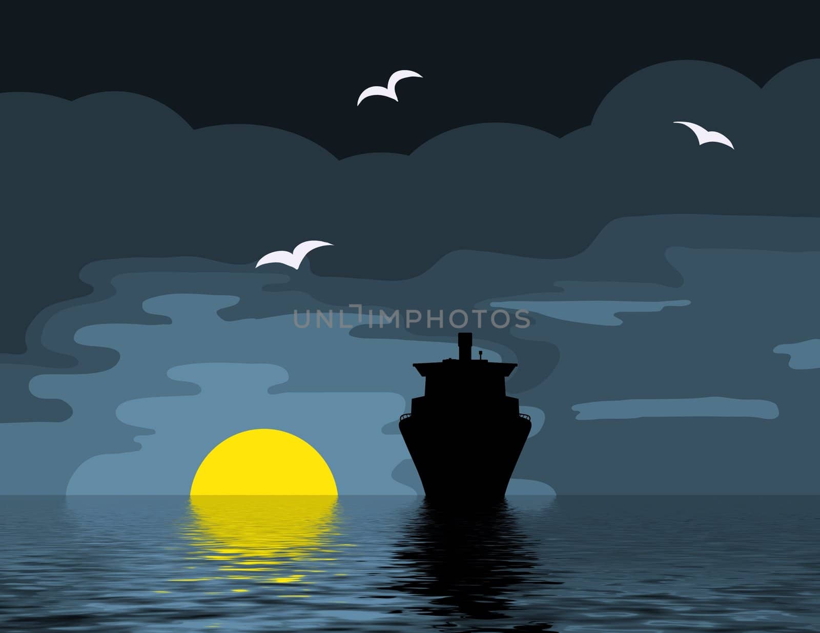 Illustration of a cruise ship on the ocean as the sun sets