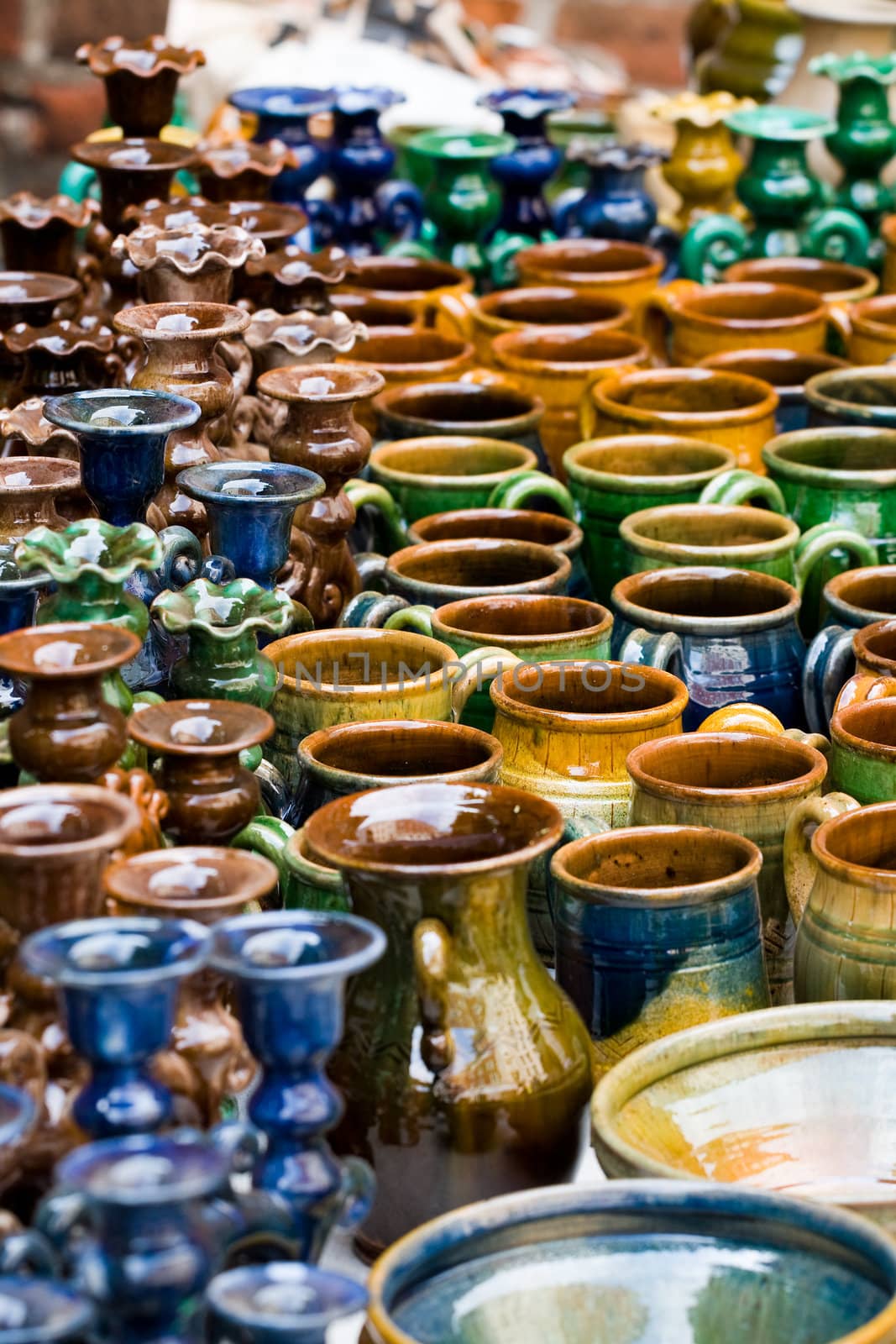 Glazed colourful pottery products ready for sale