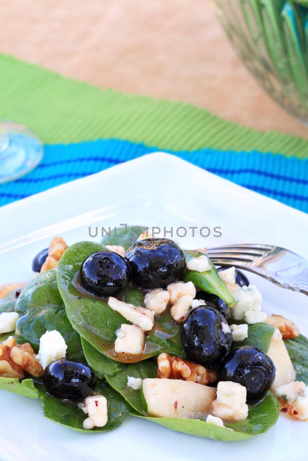 Spinach salad with gorgonzola cheese, walnuts, pears, blueberries and a raspberry vinaigrette.