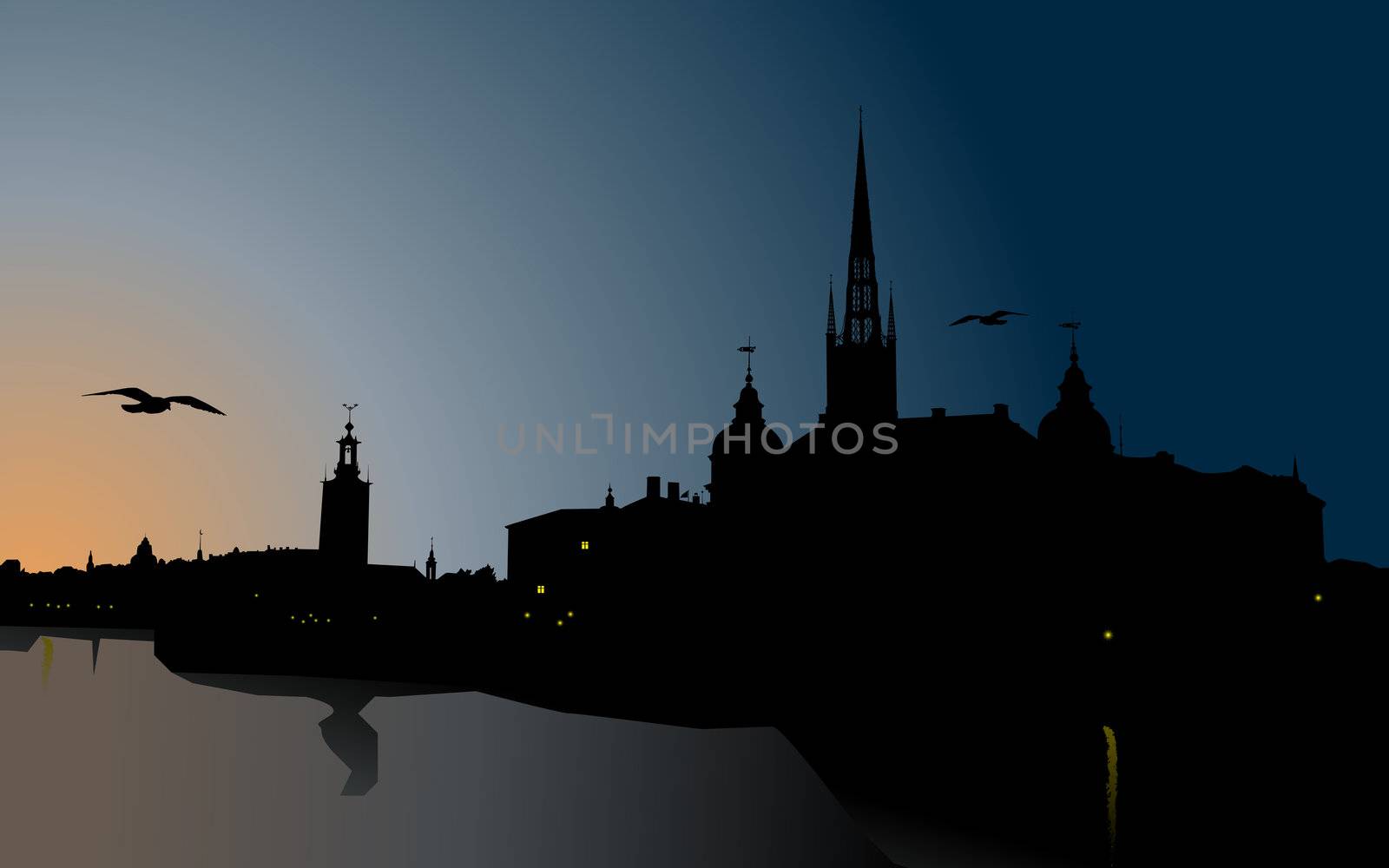 Silhouette of Stockholm, The City Hall, Riddarholm cathedral. Sweden