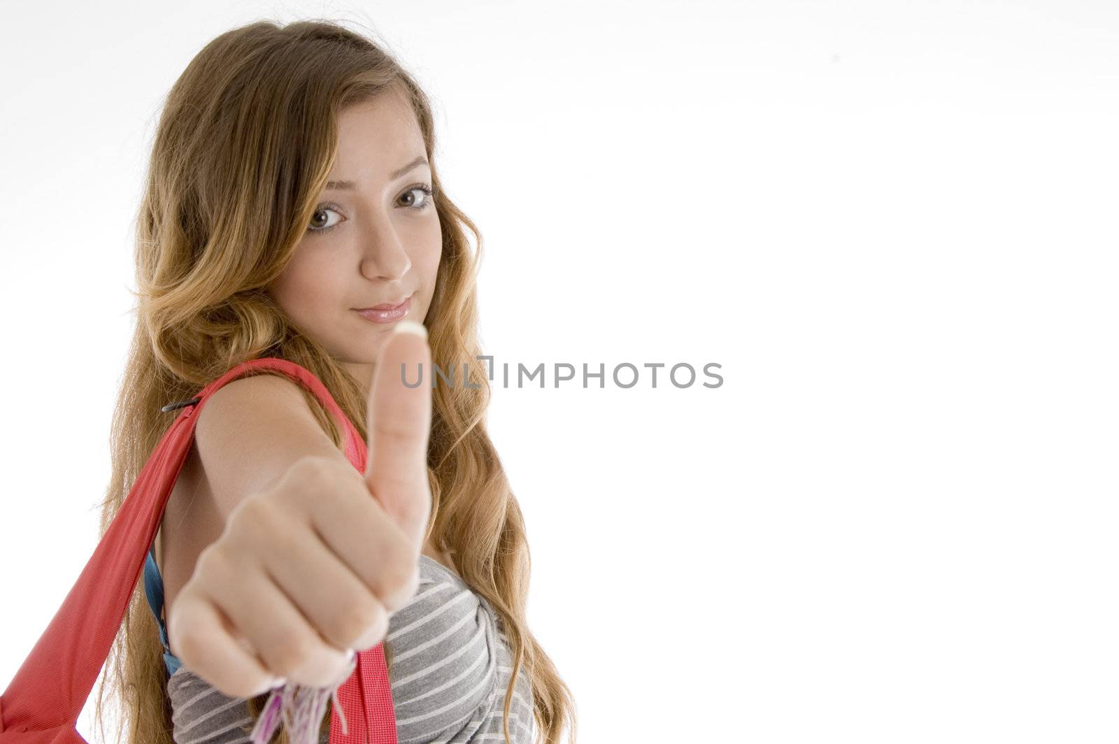 student showing thumbs up hand gesture on  an isolated white background 