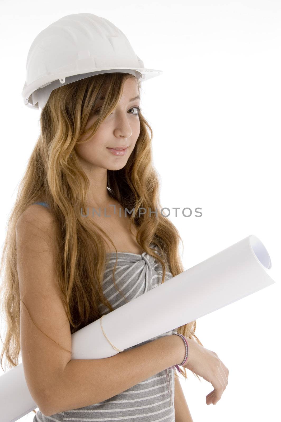young female architect holding blue prints on  an isolated white background 