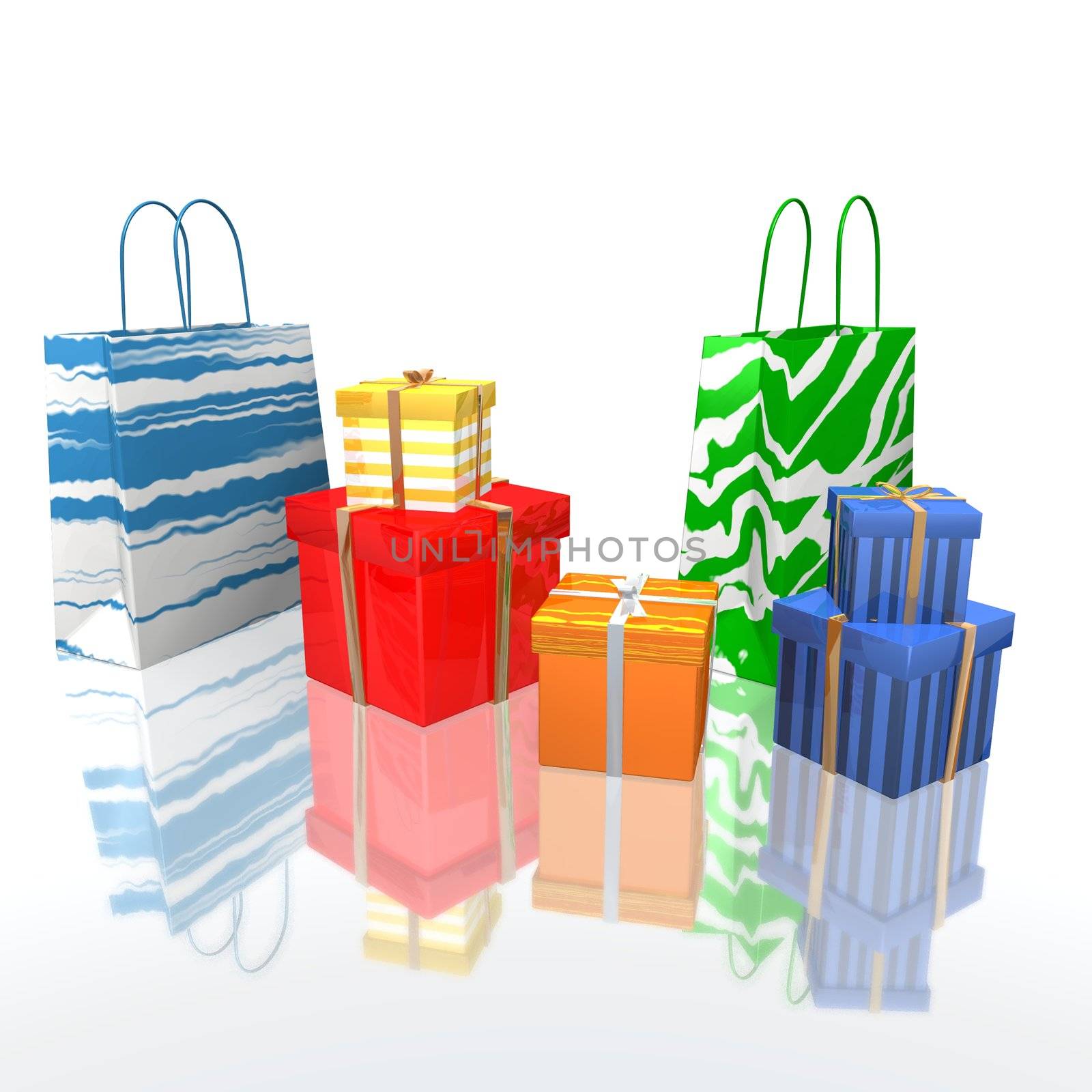 a 3d rendering of some shopping bags and gifts