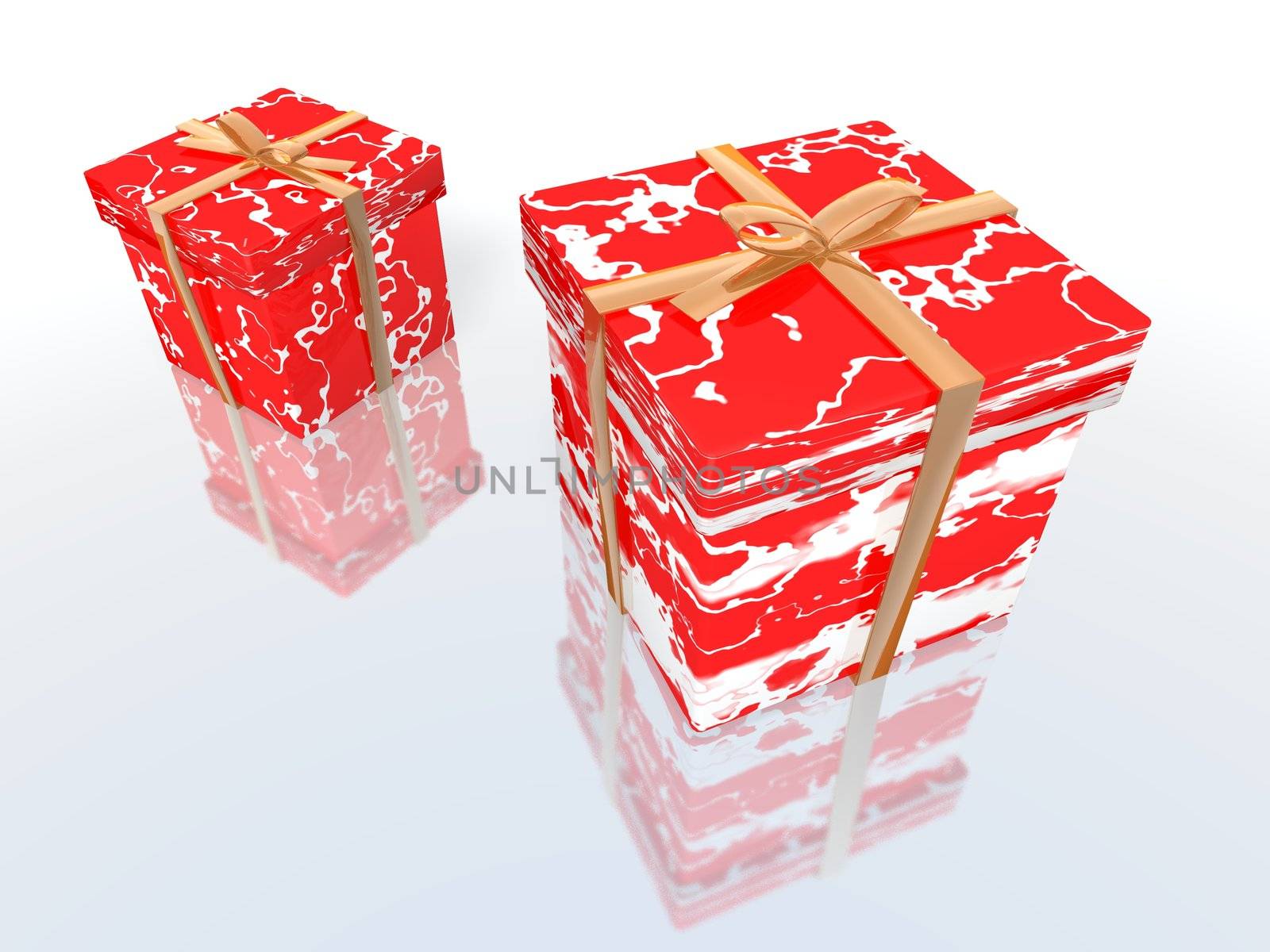 a 3d rendering of some white and red gifts with golden ribbon