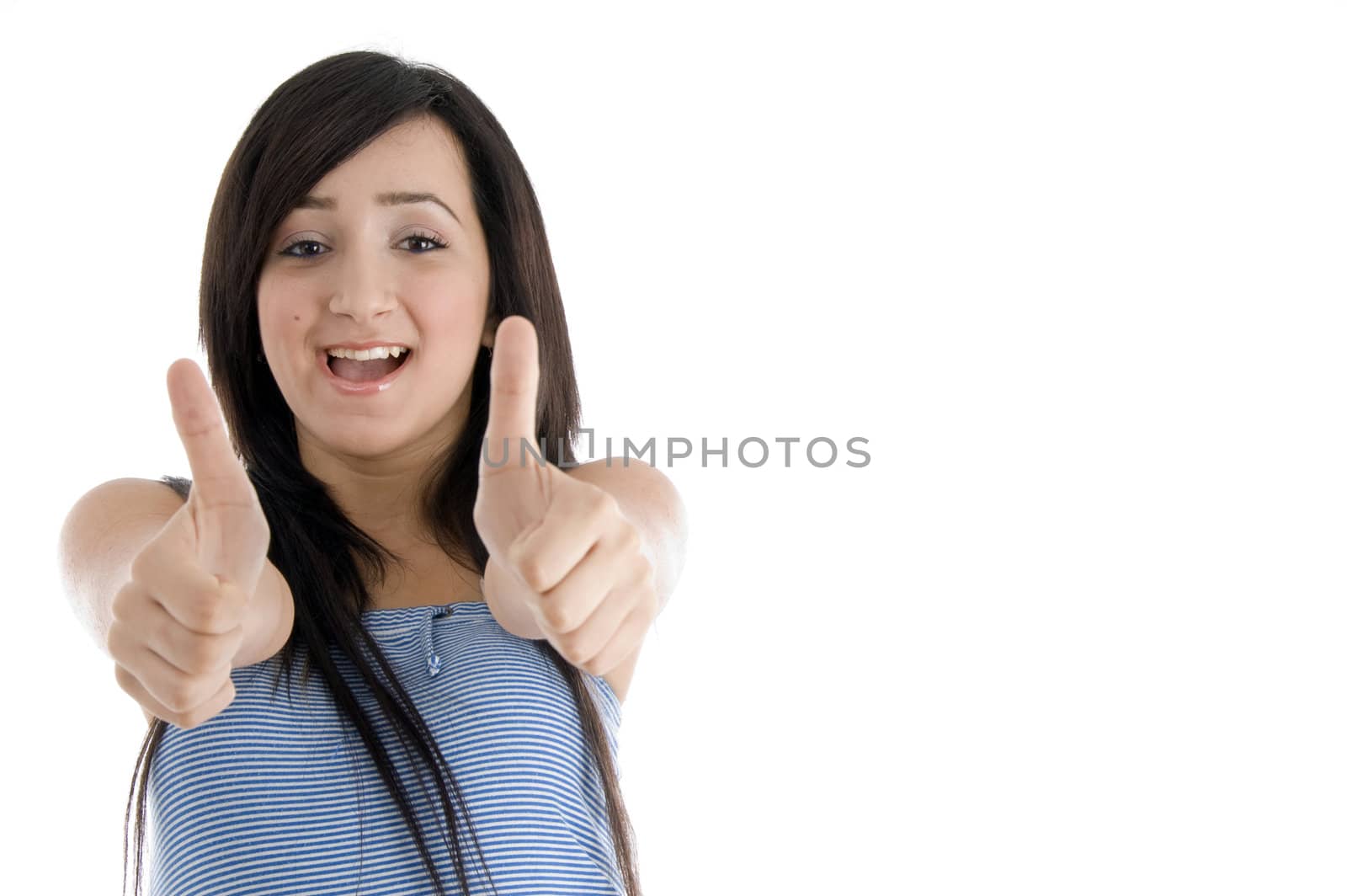 happy  teenager showing thumbs up with both hands on  an isolated white background 