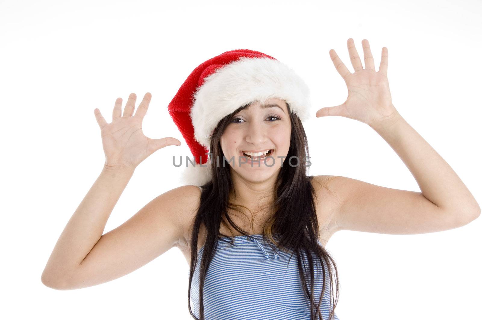 smiling young girl showing her palms on  an isolated white background 