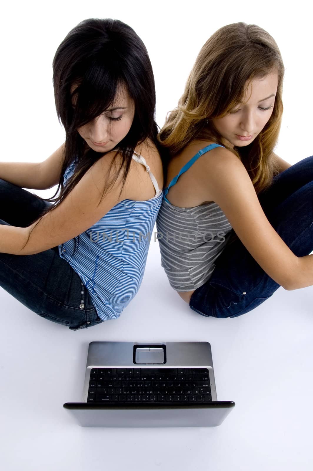 sitting girls looking to laptop on  an isolated white background 
