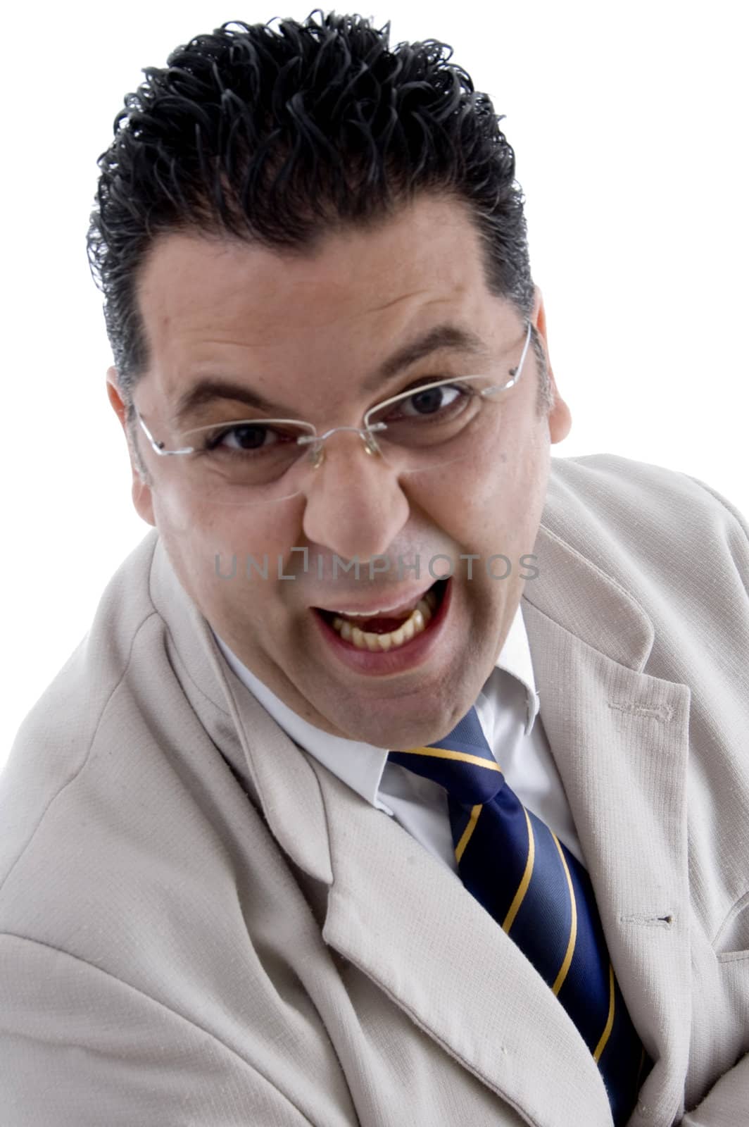 shouting adult businessman looking to camera on  an isolated white background 