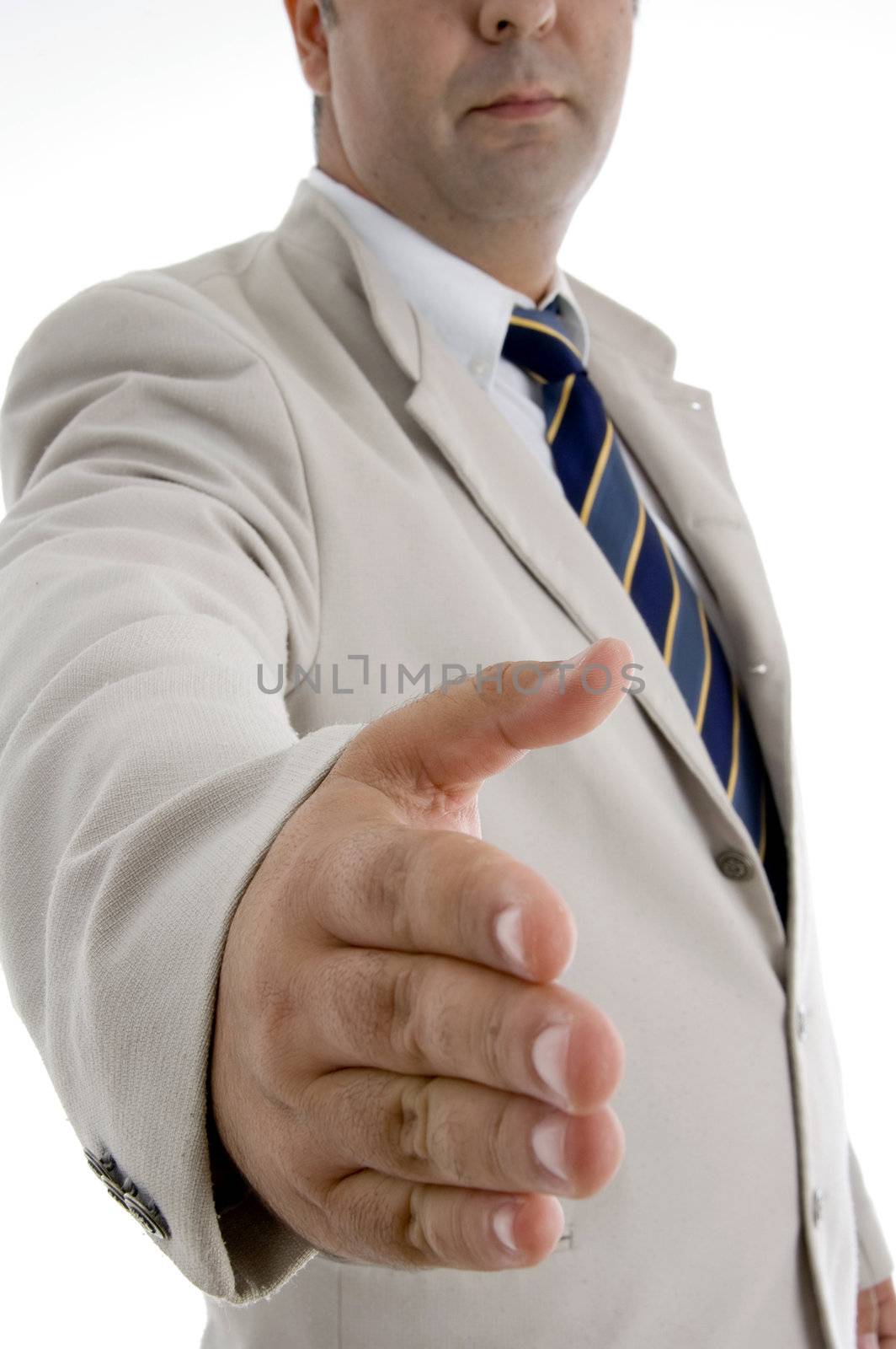 caucasian businessman offering hand shake on  an isolated white background 