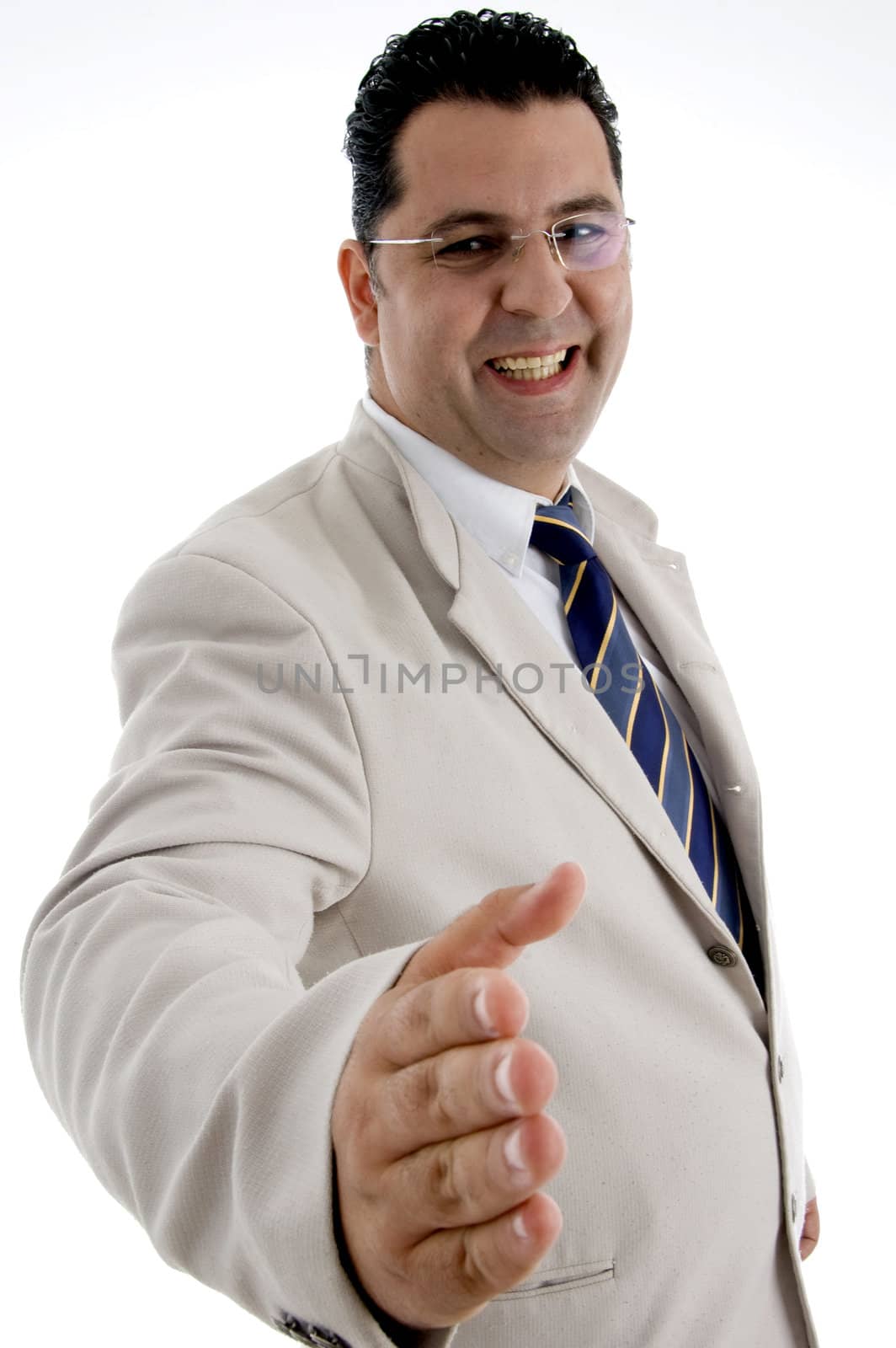 happy white businessman offering hand shake on  an isolated white background 