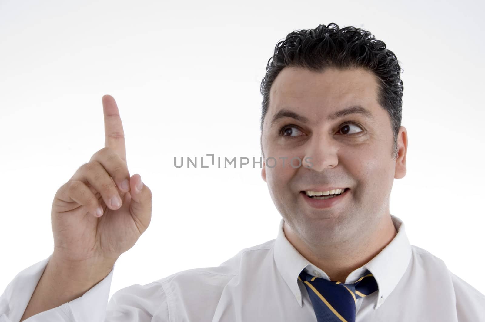 portrait of businessman indicating upward on  an isolated white background 