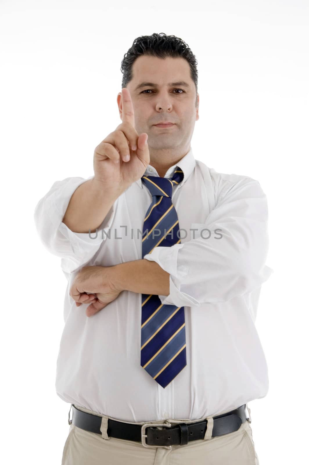 mature businessman showing hand gesture on  an isolated white background 