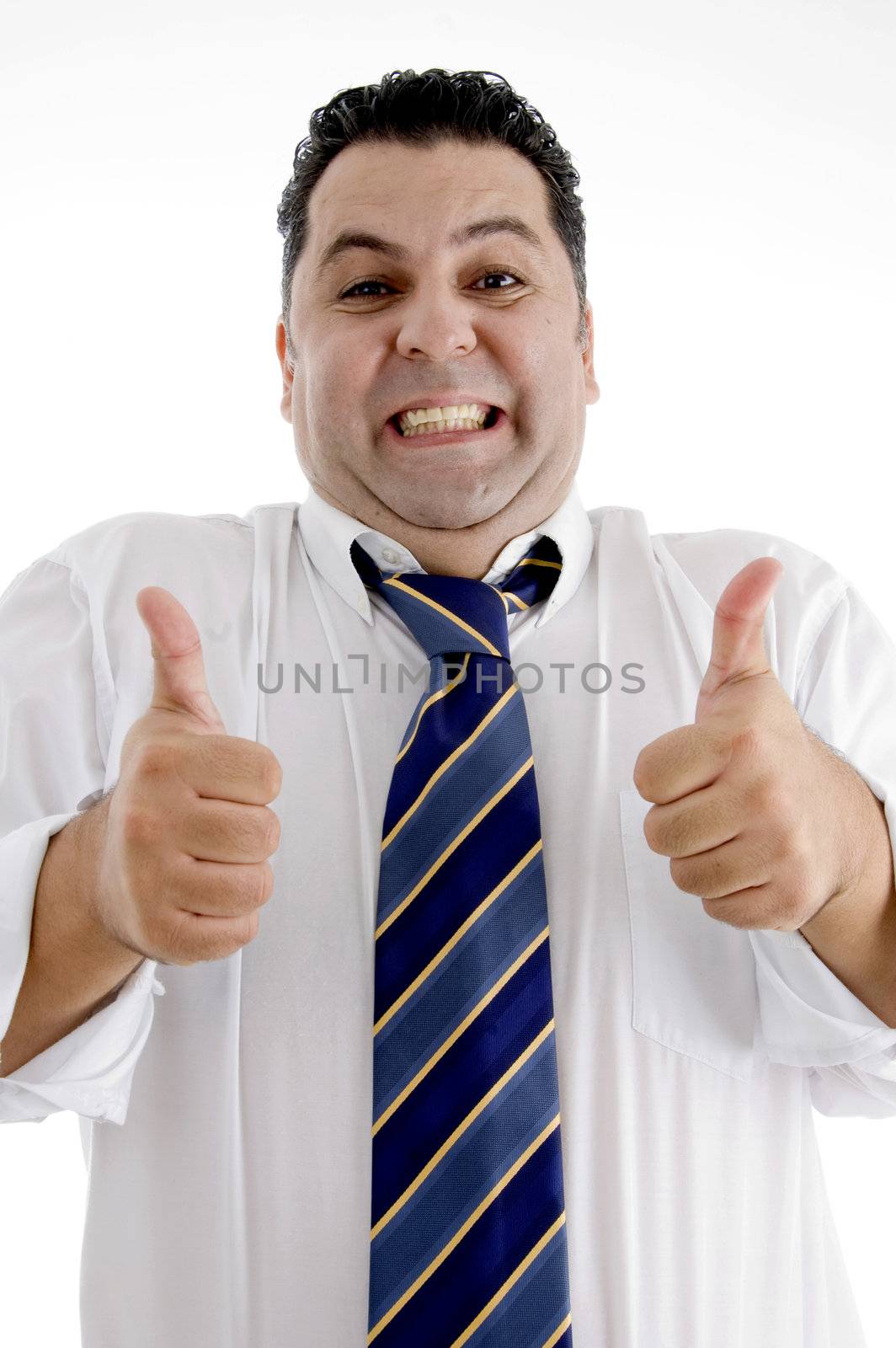happy businessman showing approved hand gesture on  an isolated white background 