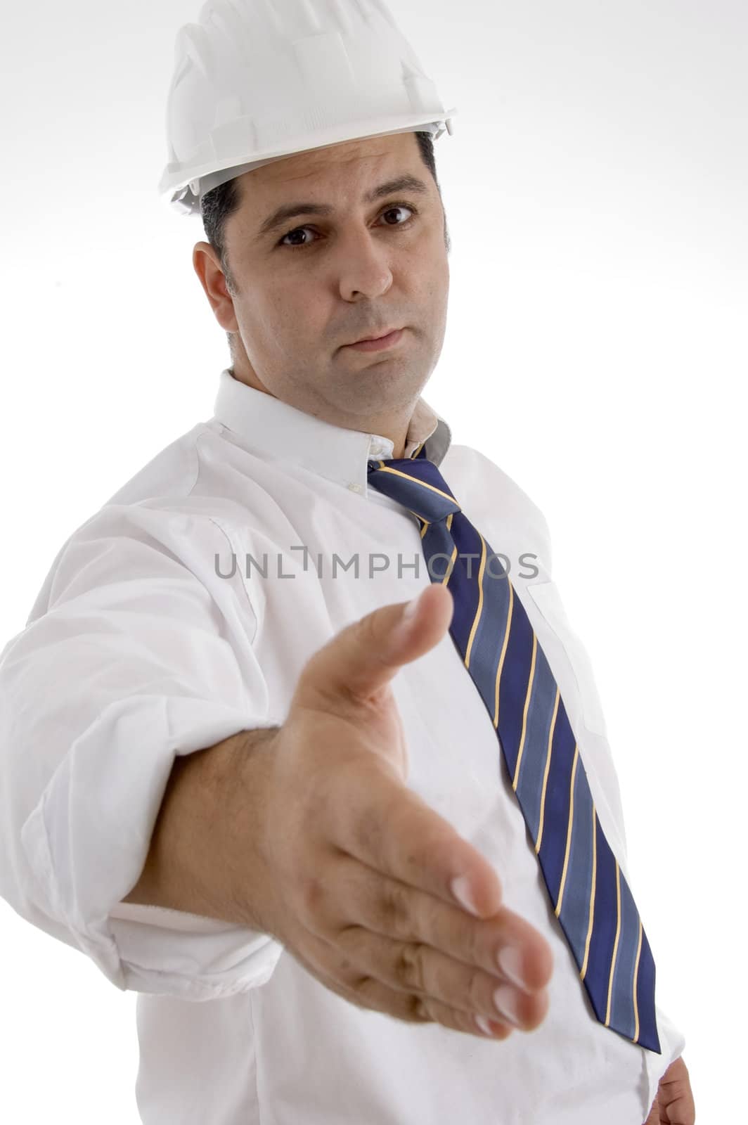 mature architect offering hand shake on  an isolated white background 