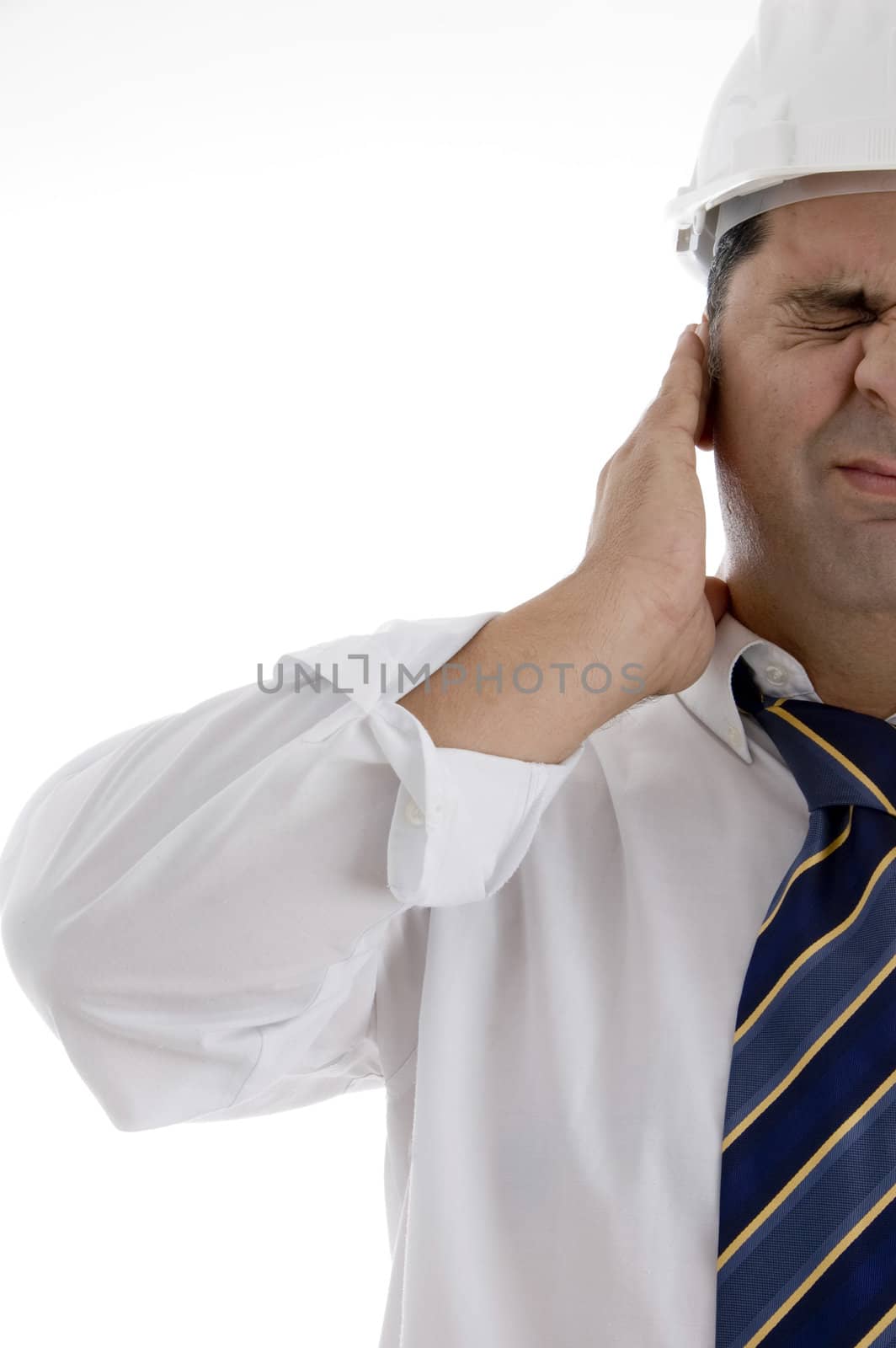 architect with closed eyes and hand on his ear on  an isolated white background 