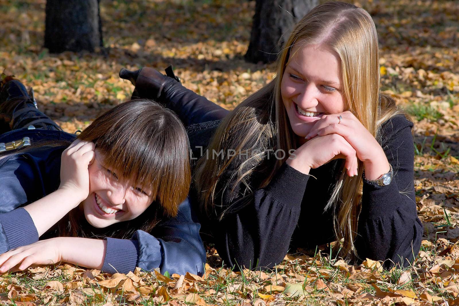 Two girlfriends against the autumn nature