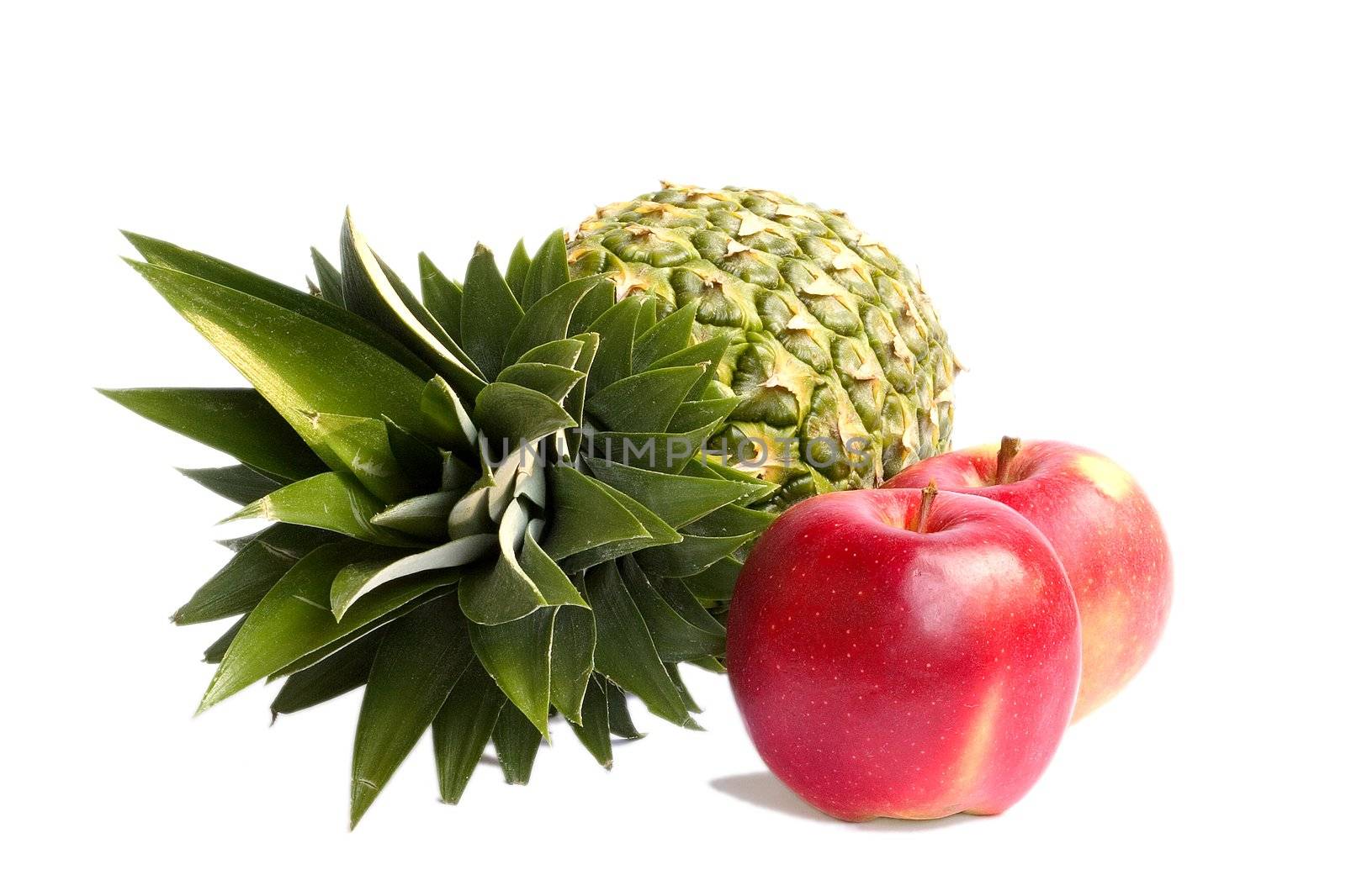 Ananas and Apples isolated on white background.