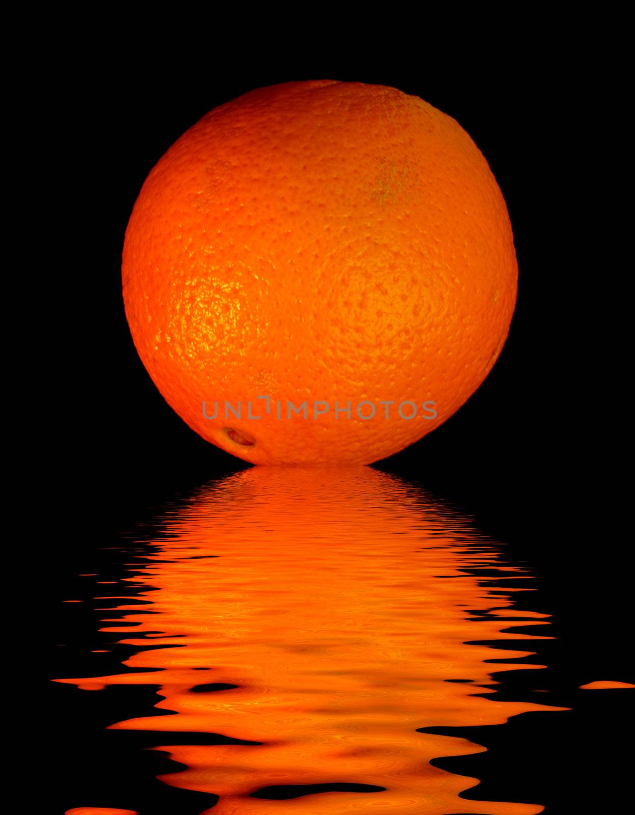 colored orange -  on black with reflection in water
