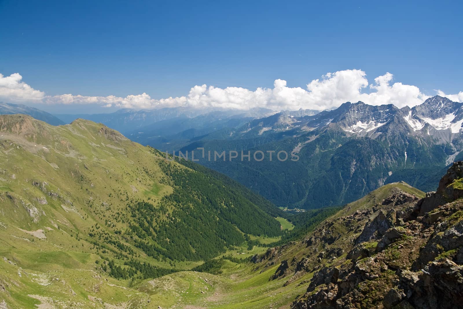 aerial view of Val di Sole from Tonale mountain in Trentino, Italy