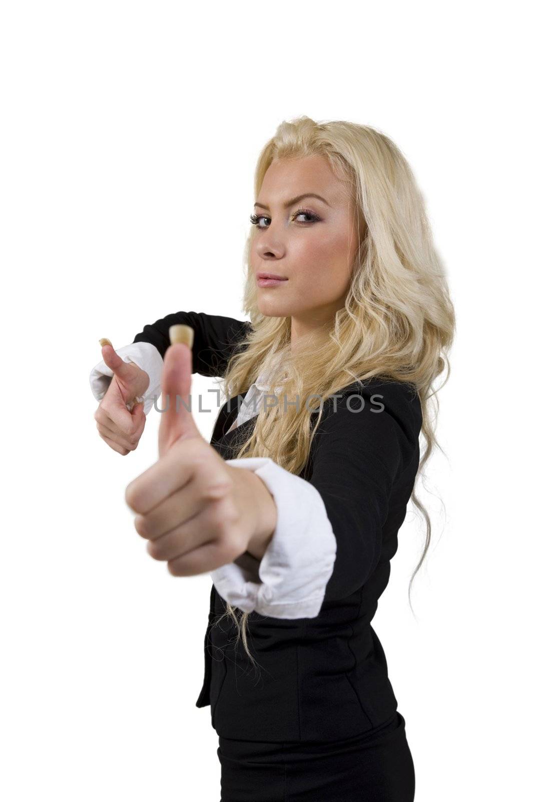 female wishing good luck on isolated background