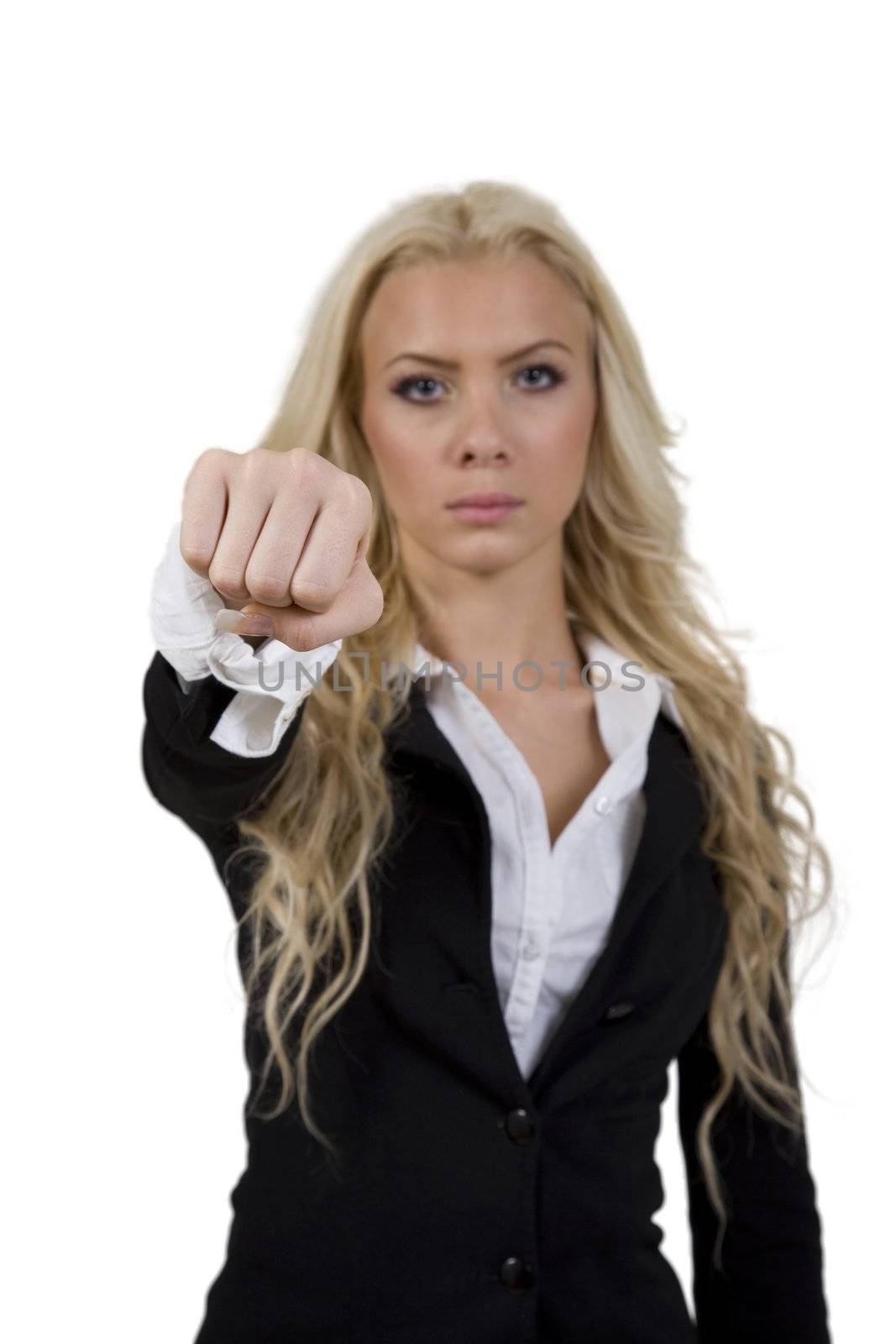 female showing punch sign on isolated background
