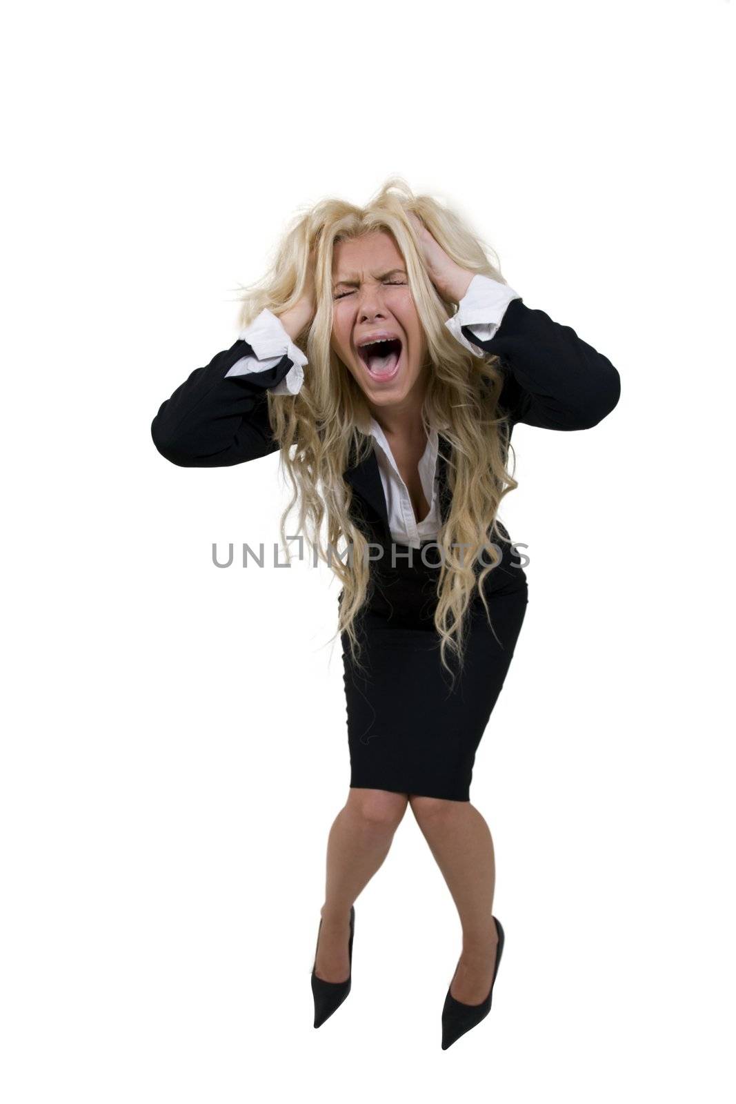 screaming lady in tension on isolated background