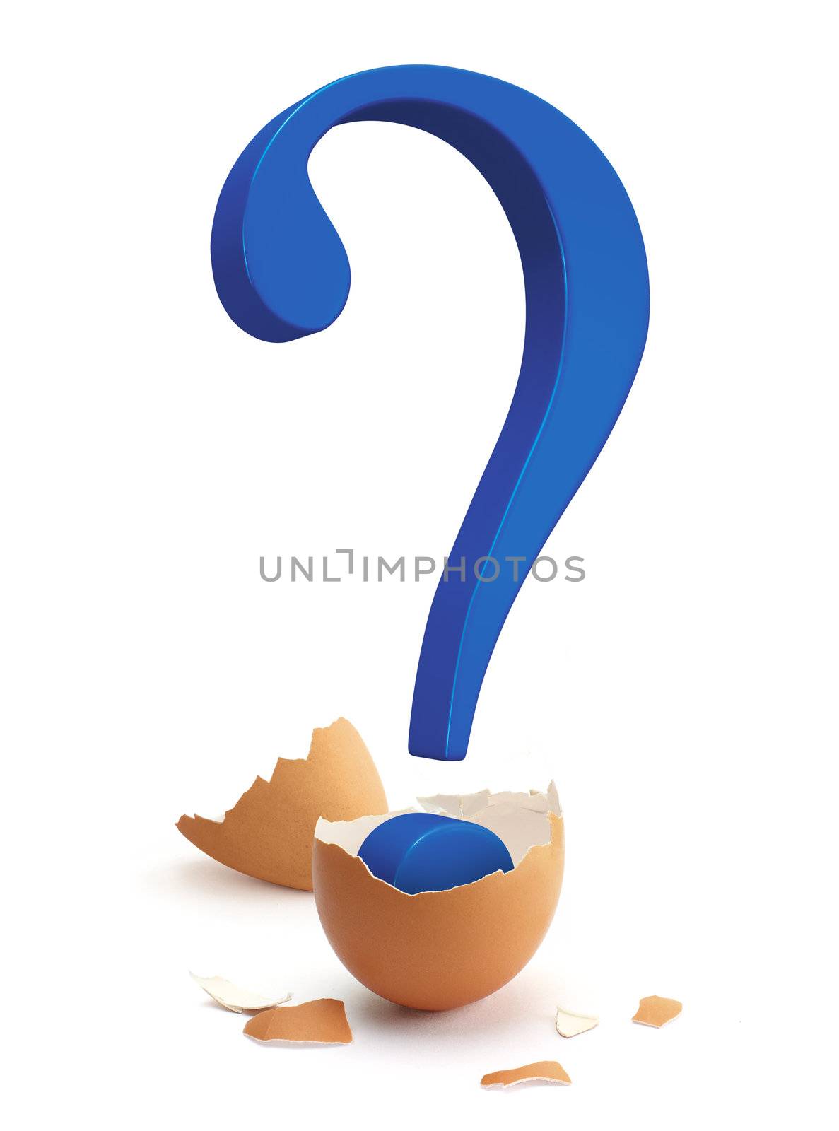 A blue question mark sign hatching from a brown egg.
