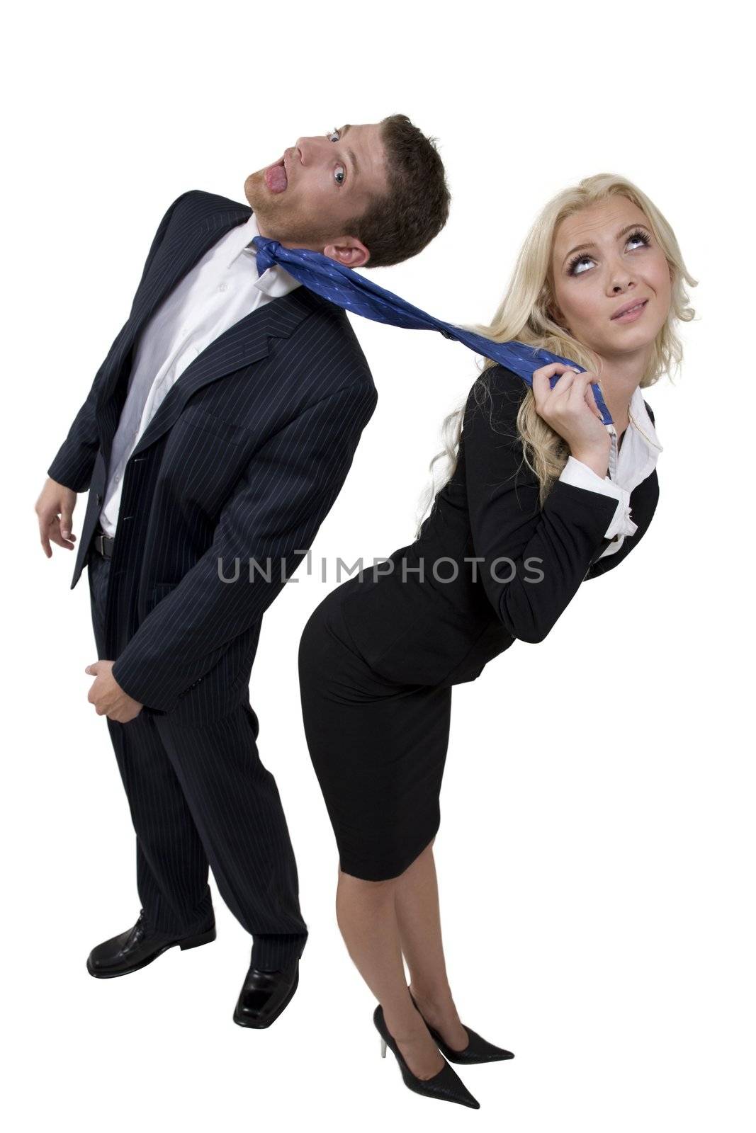 female pulling tie of businessman on isolated background
