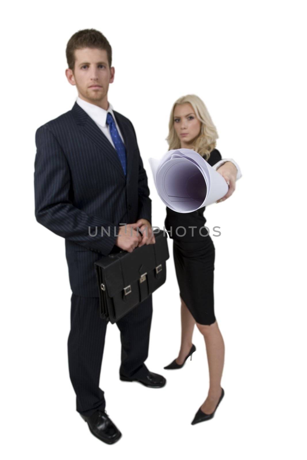 architects with bag and chart on isolated background