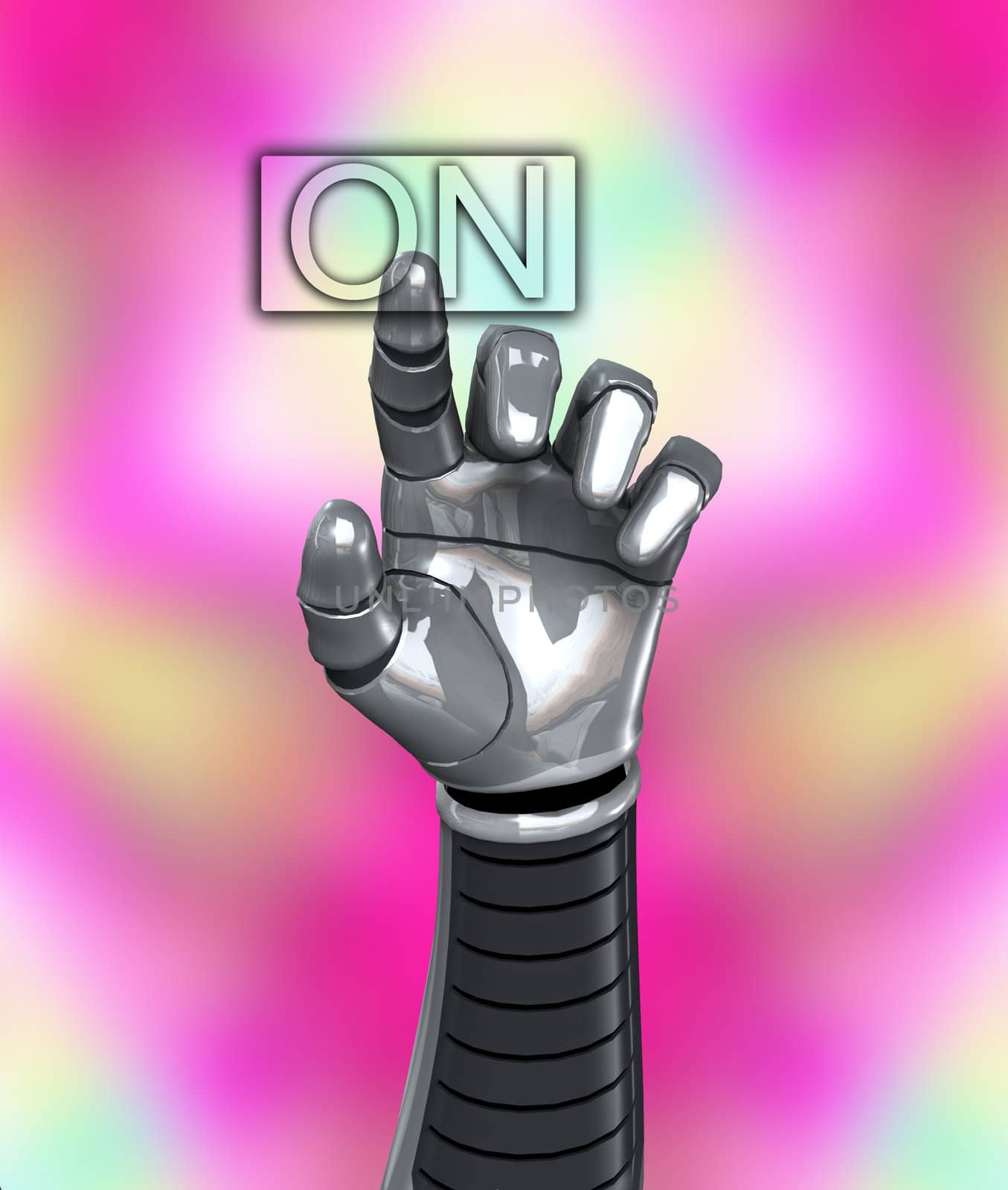 A robotic hand switching on a on button.