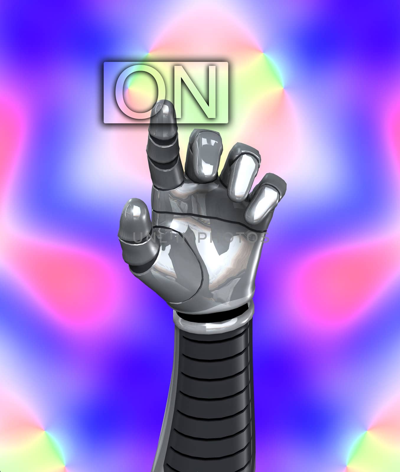A robotic hand switching on a on button.