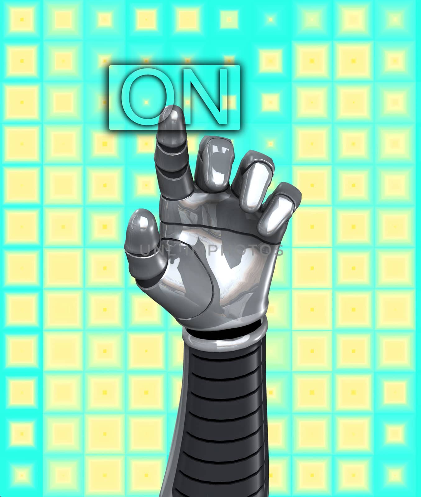 A robotic hand switching on a on button.