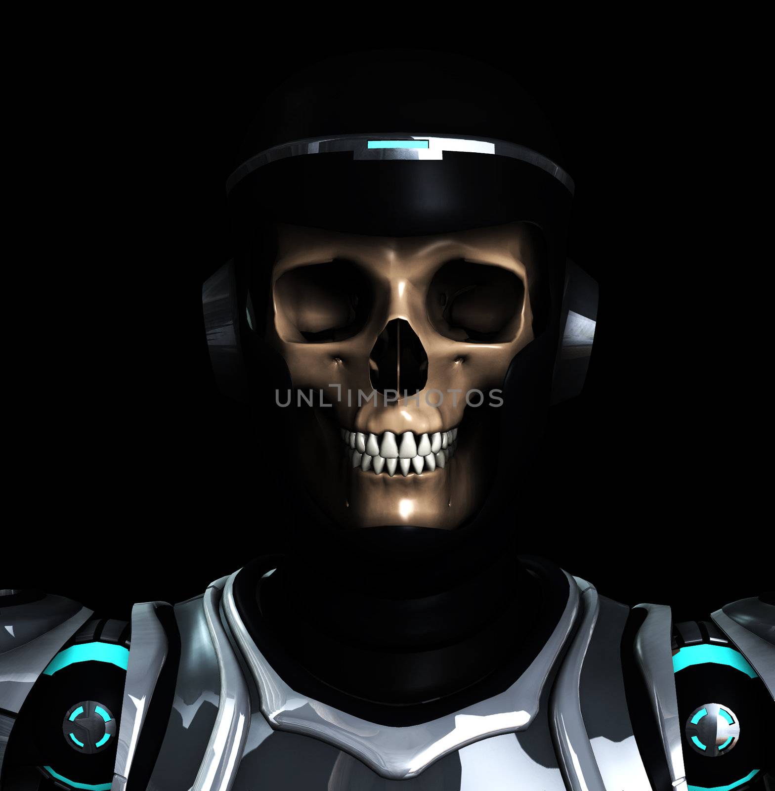 A Skelton that is wearing futuristic armour.