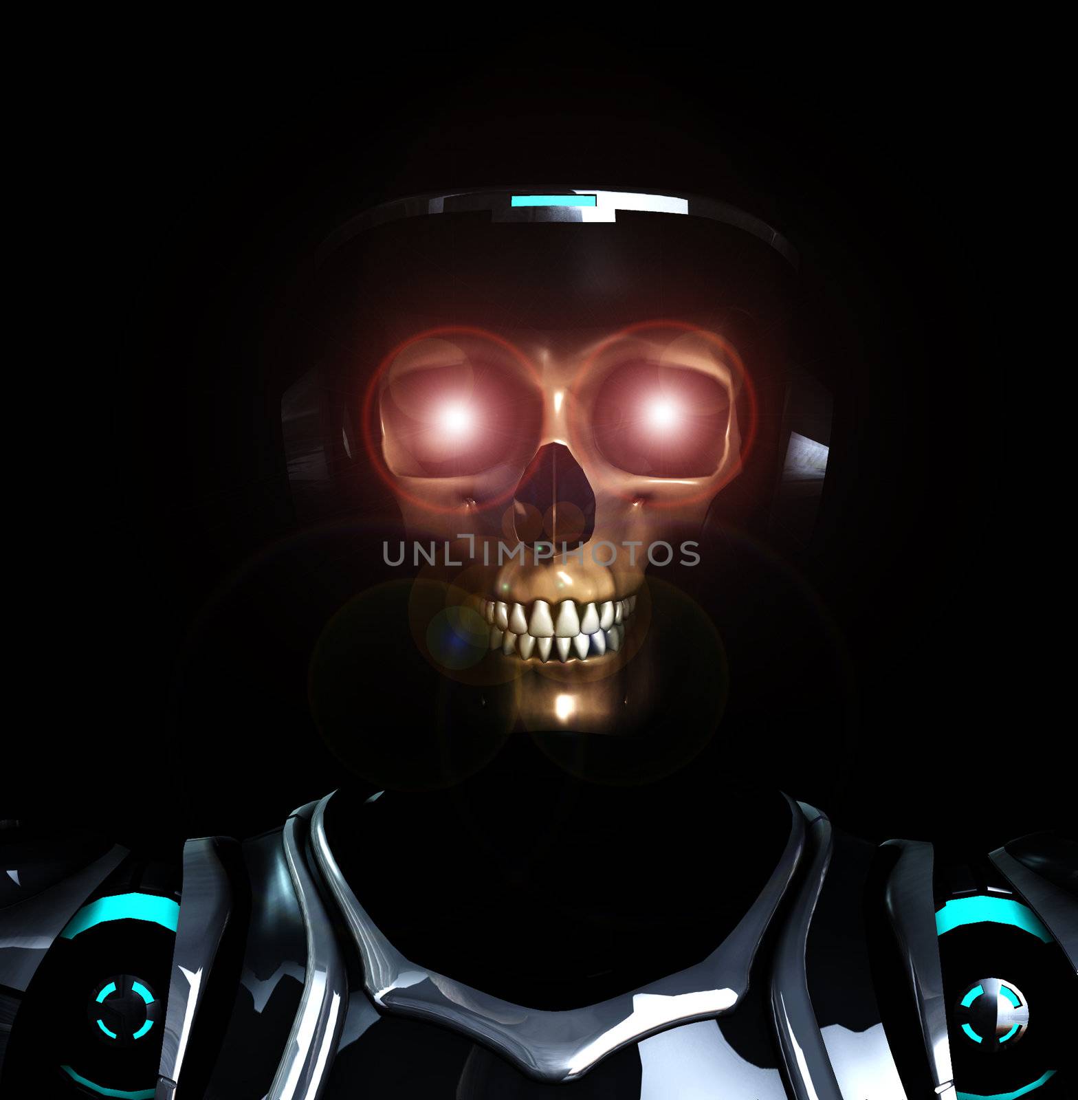 A Skelton that is wearing futuristic armour.