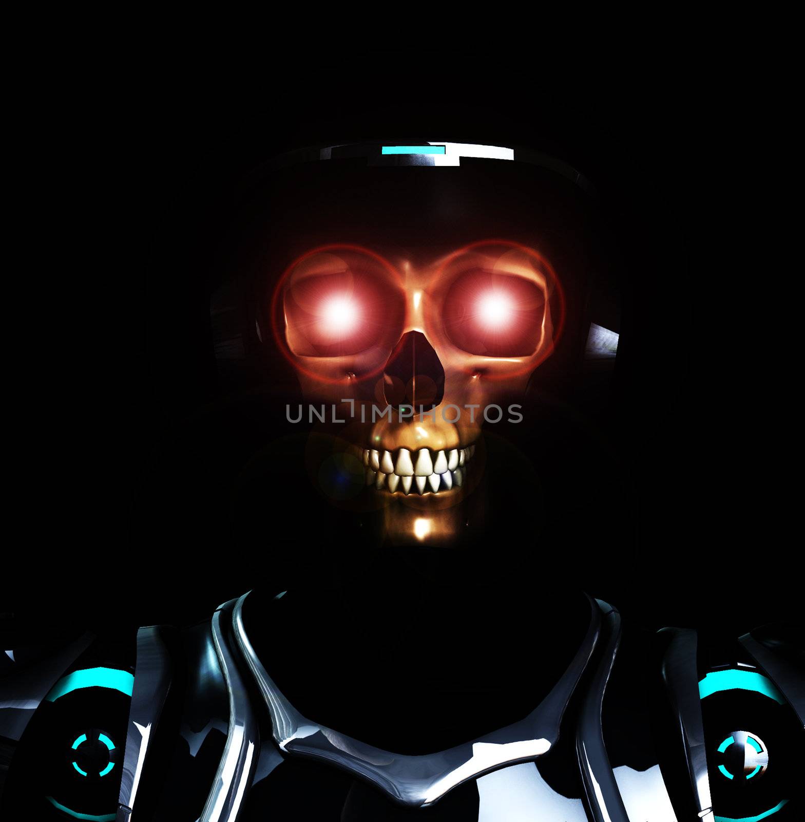 A Skelton that is wearing futuristic armour.