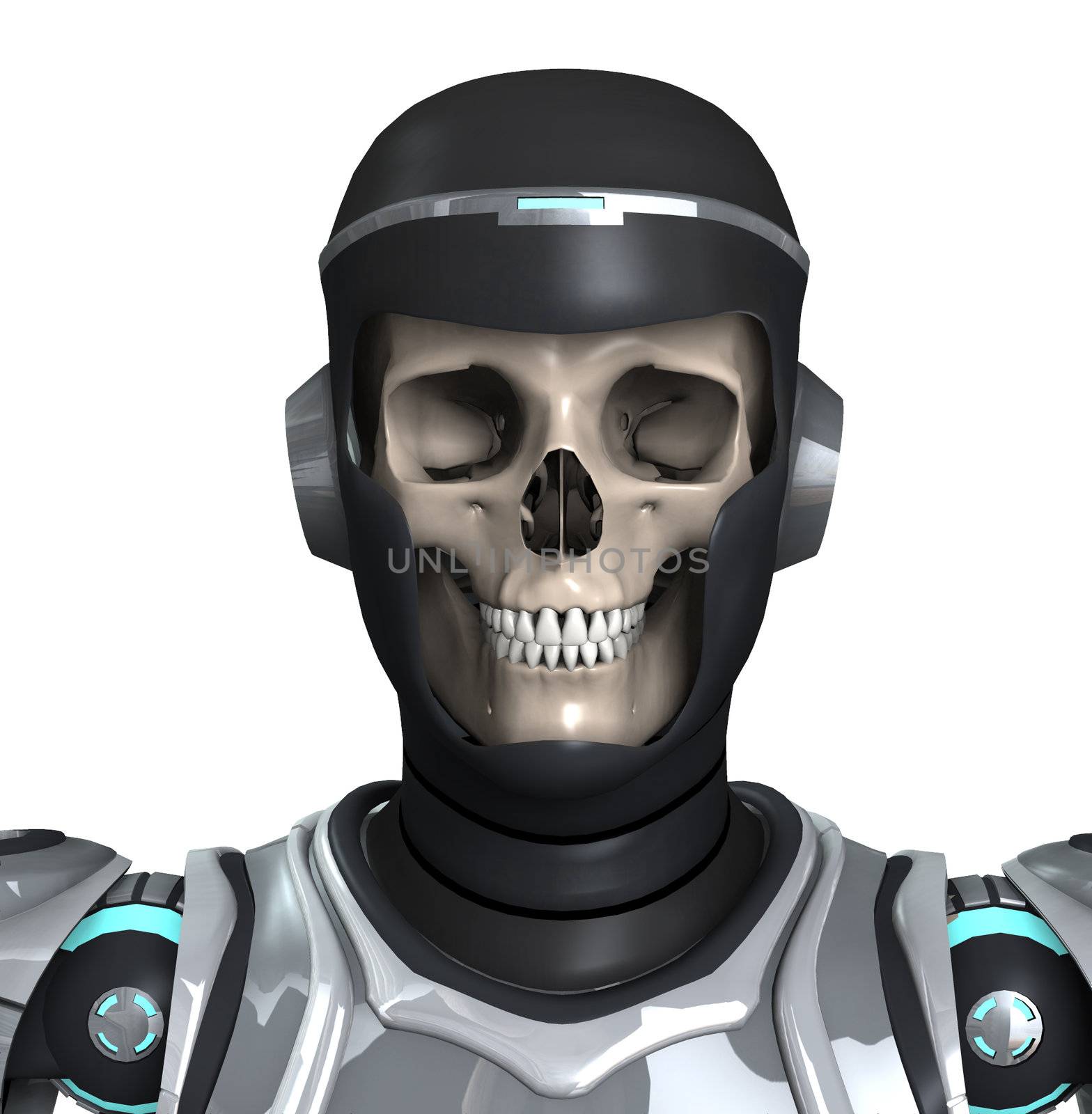 A Skelton that is wearing futuristic armour.
