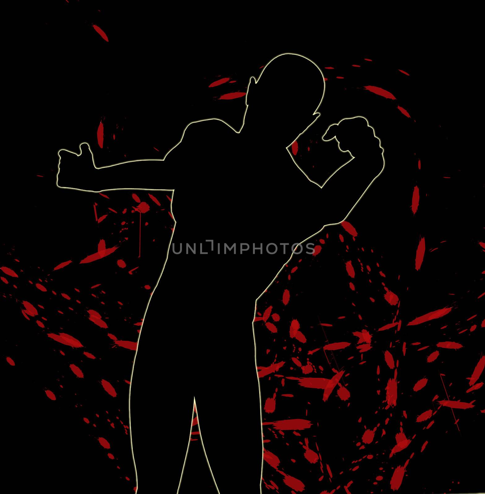 A silhouette of a man who is fighting.