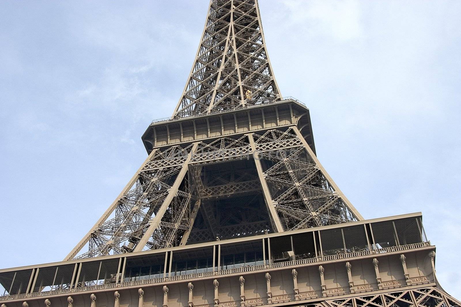 Perspective of Eiffel tower, the famous landmark of Paris.