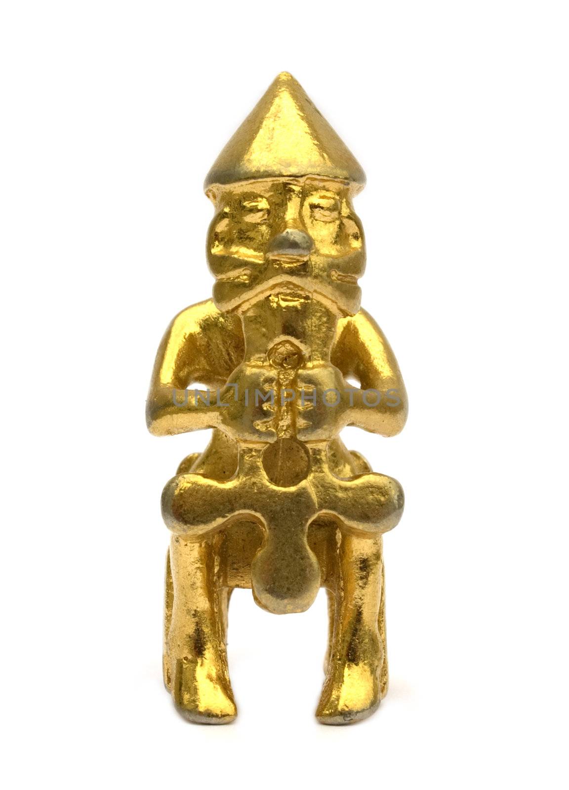 Copy of an old statue of the viking god of war and thunder, Thor, sitting and holding his hammer Mjolnir.