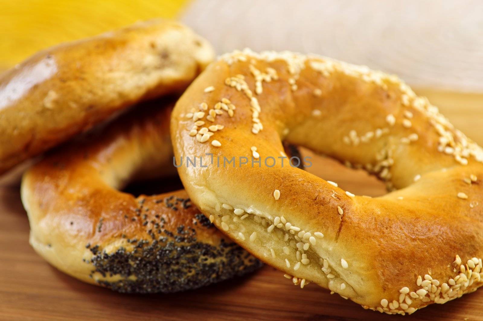 Fresh assorted Montreal style bagels close up