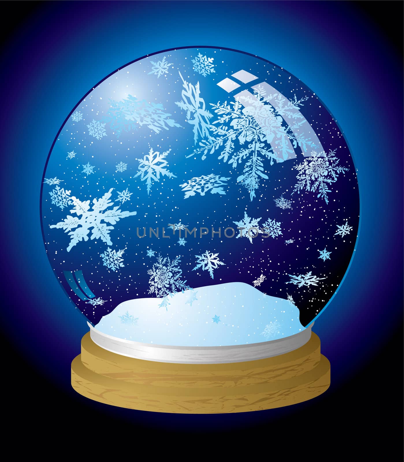 Illustrated snow globe with a wooden base and outer glow