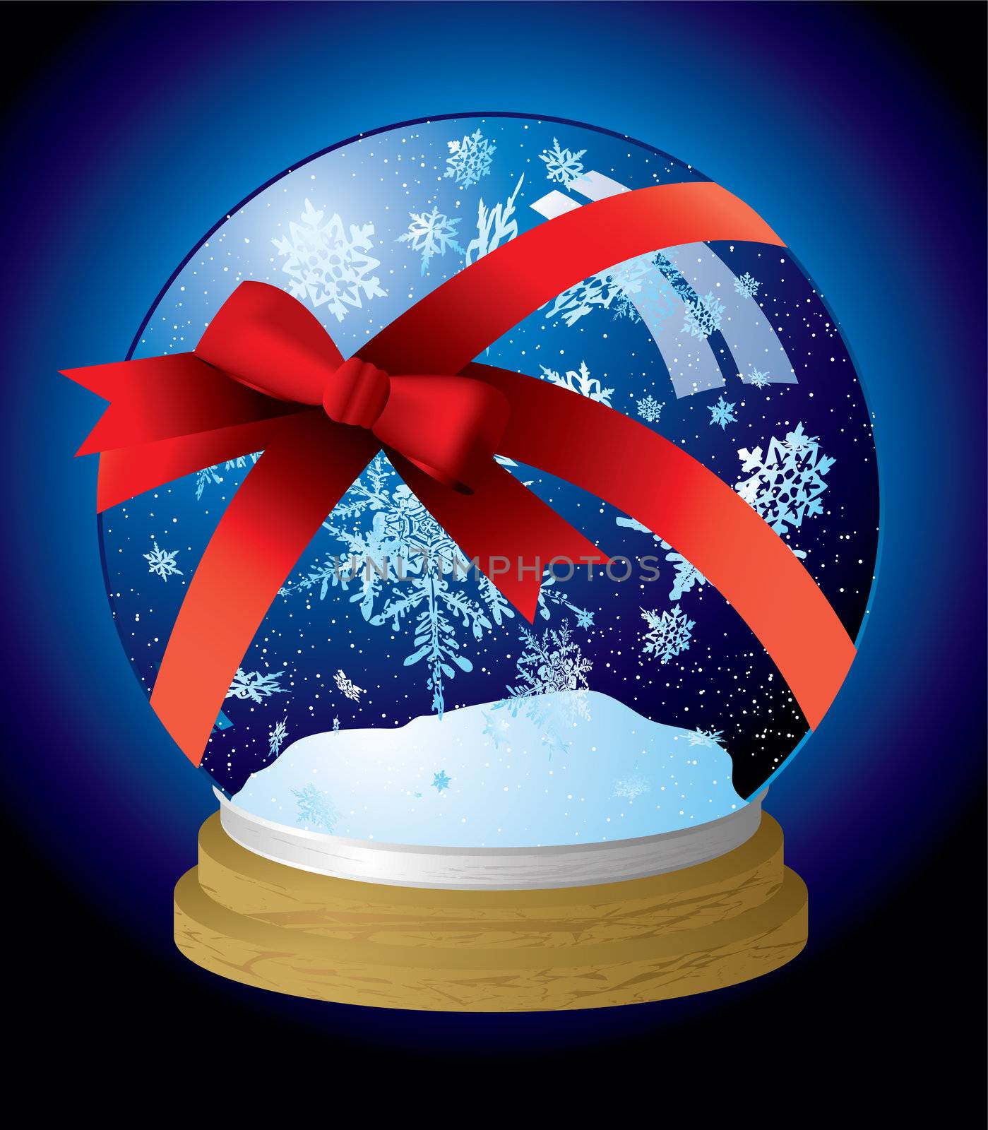 Illustrated snow globe with a red ribbon present wrapped