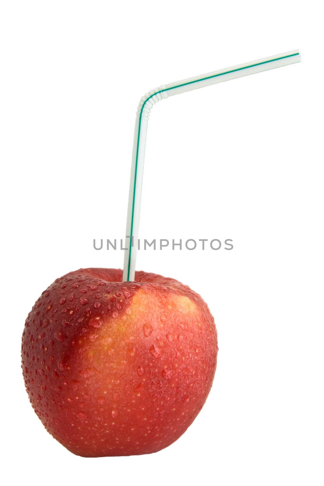 Red Apple with Drinking Straw. Juice concept